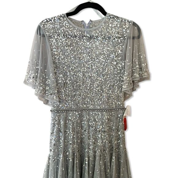 Mac Duggal #93655 Cape Sleeve Beaded Tea Length Dress blue Sz 4 NWT $598 - Picture 3 of 16